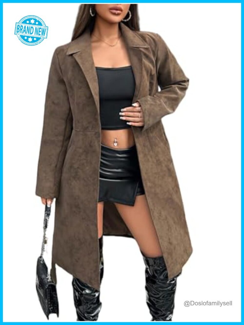 Faux Leather Trench Coat Long Belted Overcoat
